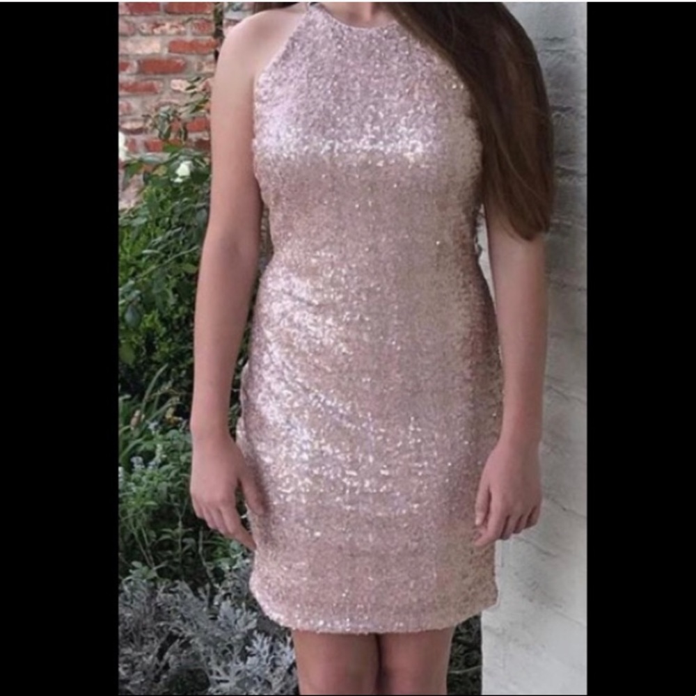 NWT Belle Badgley Mischka Rose Gold Halter Dress!